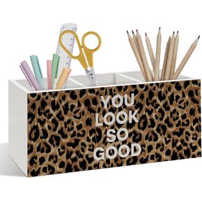 Inspirational Leopard Print Pen Pencil Holder, Cheetah Desk Accessories, Trendy Leopard Print You Look So Good Wooden Pen Pencil Organizer for Y2k Room Dorm Desk Decor in Kuwait