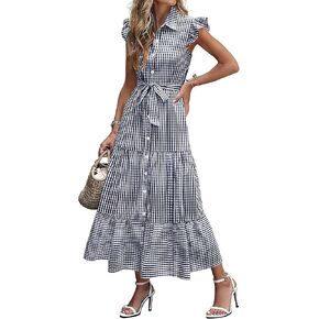 Caracilia Womens Summer Casual Ruffle Cap Sleeve Maxi Dress Button Down Striped Plaid Tie Waist Vacation Long Shirt Dresses in Kuwait