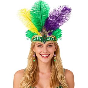 XEPST Mardi Feather Headband for Women - Mardi Accessories Carnival Headpieces Set with Feather Headdress Earrings for Halloween Costumes Cosplay Carnival Fancy Dress Up Party Decorations in Kuwait