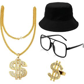 90s Accessories Outfit for Women/Men 80s Hip Hop Costume Kit Old School Rapper DJ Hat Sunglasses Dollar Sign Ring Gold Rope Chain Necklace Jewelry Set for Fancy Dress Cosplay Party Decorations in Kuwait