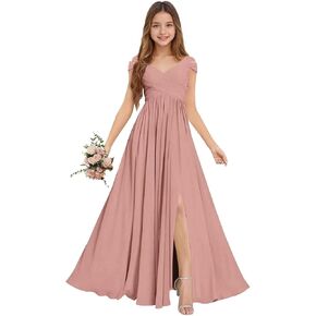 Chiffon Junior Bridesmaid Dresses Long Flower Girl Dresses V Neck Off Shoulder Girls Formal Evening Dress in Kuwait