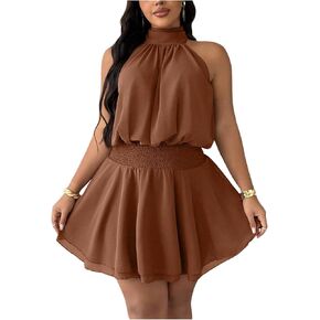 SweatyRocks Women's Plus Size Sleeveless Tie Back Mesh Halter Dress Swing Smocked Mini Dresses in Saudi Arabia