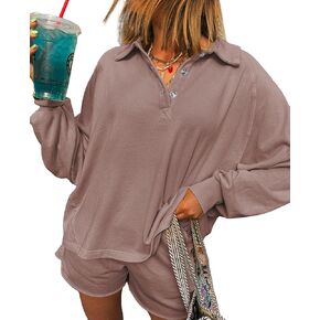 SELINK Womens 2 Piece Outfits Long Sleeve Casual Button Lapel Loose Tee and Short Lounge Sets Fall Sweatsuit in Kuwait