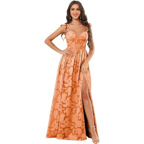Long Chiffon Bridesmaid Dresses Floral Ruffle Spaghetti Strap Corset Formal Evening Gown with Slit in Kuwait