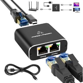 Upgrade USB-C Gigabit Ethernet Splitter 1 in to 2 Out Adapter, RJ45 in and USB-C Out, Network LAN Splitter with 6FT USB Power Cable, 1000M High Speed, Supports USB Cables in Kuwait