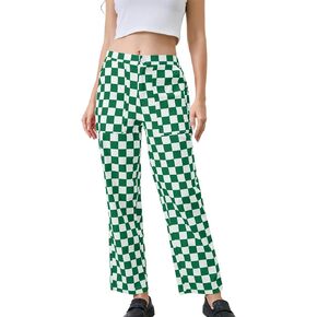 Womens Checkered Pants Zip Off Plaid Gingham Pants Casual Elastic High Waist Straight Leg Jeans with Pockets in Kuwait