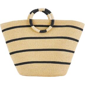 حقيبة الشاطئ للنساء حقائب حمل من القش حقيبة يد ذات سعة كبيرة حقيبة يد من الخيزران بمقبض علوي مستدير لعطلة الصيف والشاطئ والسفر in Kuwait