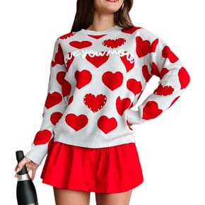 UAURORAO Fuzzy Heart Sweater for Women Cute Valentines Day Sweaters Long Sleeve Crew Neck Sweatshirt Knit Pullover Tops in Kuwait