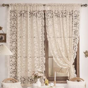 Elegant Floral Lace Sheer Curtains for Bedroom Romantic Flower Embroidered Voile Curtain for Kitchen Vintage Privacy Lace Sheer Tulle Curtains for Living Room Rod Pocket, 2 Panels (Beige,W51 L47 inch) in Kuwait