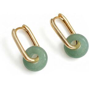 أقراط اليشم الأخضر، أقراط حلقية من الأحجار الكريمة الطبيعية للنساء، أقراط كريستال مصنوعة يدويًا مطلية بالذهب عيار 18 قيراط in Kuwait