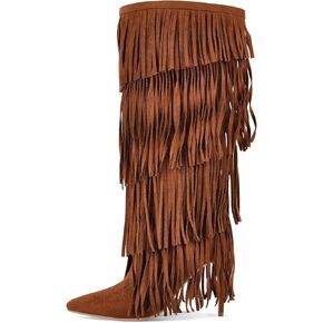 Women's Fringed Knee High Boots Pointy Toe Stilettos Faux Suede High Heels Boot in Kuwait