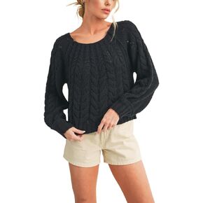 Womens Casual Cable Knit Chic Braided Pattern Sweater Black Long Sleeve Round Neck Chunky Winter Pullover in Kuwait