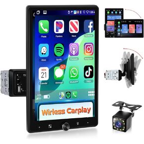 Podofo 10.4" Single Din Radio Car Stereo with Wireless CarPlay & Android Auto, Rotatable Touch Screen, Bluetooth, 16-Band EQ Audio, Mirror Link, SWC, FM, USB, TF, Backup Camera in Kuwait