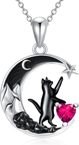 Black Cat Necklace 925 Sterling Silver Black Crescent Moon Star Pendant with Heart Birthstone Necklace Anniversary Gothic Jewelry Gifts for Women Wife Cat Lover in Saudi Arabia