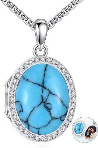 Locket Necklace Sterling Silver Turquoise/Opal/Moss Agate/Moonstone/Black Onyx/Lapis Lazuli/Blue Opal/Malachite Locket Photo Necklace Turquoise Jewelry Memorial Gifts for Women Mom Wife in Saudi Arabia