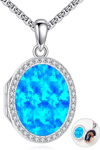 Locket Necklace Sterling Silver Turquoise/Opal/Moss Agate/Moonstone/Black Onyx/Lapis Lazuli/Blue Opal/Malachite Locket Photo Necklace Turquoise Jewelry Memorial Gifts for Women Mom Wife in Saudi Arabia