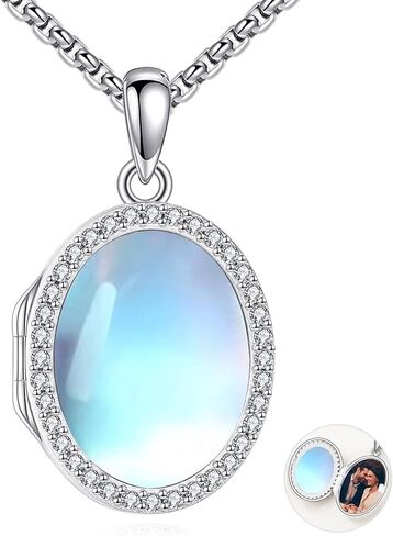 Locket Necklace Sterling Silver Turquoise/Opal/Moss Agate/Moonstone/Black Onyx/Lapis Lazuli/Blue Opal/Malachite Locket Photo Necklace Turquoise Jewelry Memorial Gifts for Women Mom Wife in Saudi Arabia