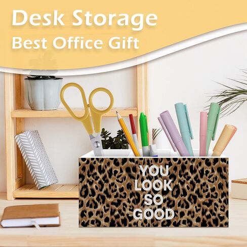 Inspirational Leopard Print Pen Pencil Holder, Cheetah Desk Accessories, Trendy Leopard Print You Look So Good Wooden Pen Pencil Organizer for Y2k Room Dorm Desk Decor in Kuwait