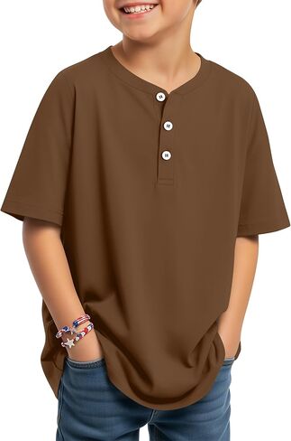 Boys Short Sleeve Shirts Kids Oversized Henley Tees Loose Casual Summer Button Basic Tops 5-14 Years in Saudi Arabia