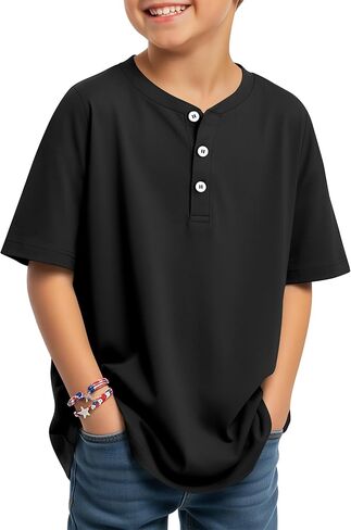 Boys Short Sleeve Shirts Kids Oversized Henley Tees Loose Casual Summer Button Basic Tops 5-14 Years in Saudi Arabia