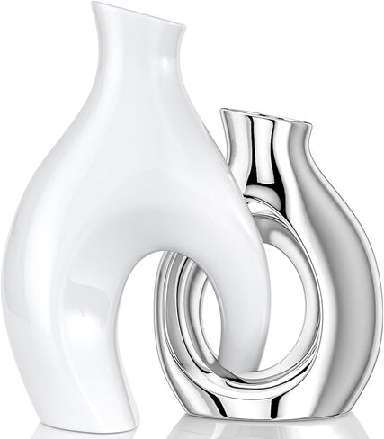White Silver Modern Abstract Ceramic Vases for Home Decor,Nordic Snuggle Hollow Design for Flowers Pampas Grass Decorative,for Living Room Coffee Table Centerpiece,Entrance,Console (White Silver) in Kuwait