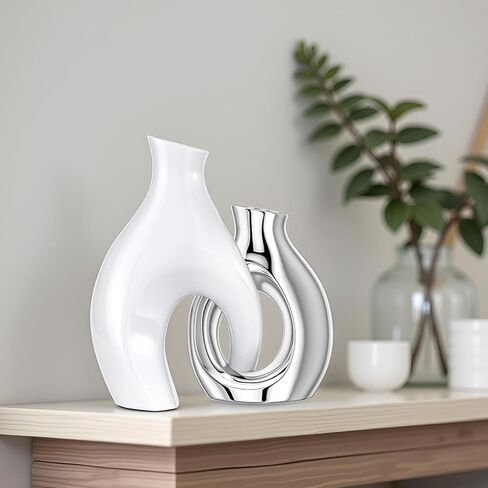 White Silver Modern Abstract Ceramic Vases for Home Decor,Nordic Snuggle Hollow Design for Flowers Pampas Grass Decorative,for Living Room Coffee Table Centerpiece,Entrance,Console (White Silver) in Saudi Arabia