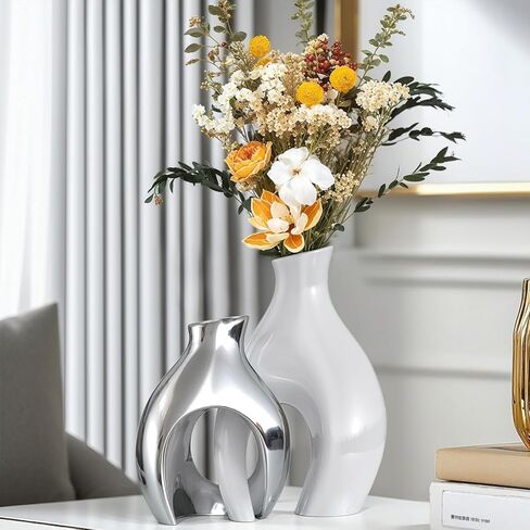 White Silver Modern Abstract Ceramic Vases for Home Decor,Nordic Snuggle Hollow Design for Flowers Pampas Grass Decorative,for Living Room Coffee Table Centerpiece,Entrance,Console (White Silver) in Saudi Arabia