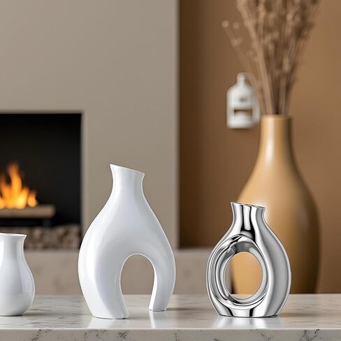 White Silver Modern Abstract Ceramic Vases for Home Decor,Nordic Snuggle Hollow Design for Flowers Pampas Grass Decorative,for Living Room Coffee Table Centerpiece,Entrance,Console (White Silver) in Saudi Arabia