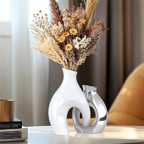 White Silver Modern Abstract Ceramic Vases for Home Decor,Nordic Snuggle Hollow Design for Flowers Pampas Grass Decorative,for Living Room Coffee Table Centerpiece,Entrance,Console (White Silver) in Saudi Arabia