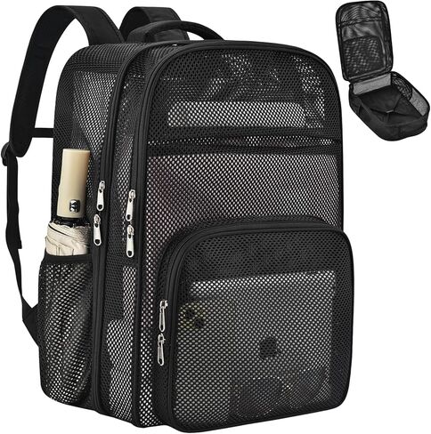 حقائب ظهر شبكية شديدة التحمل للمدرسة، حقيبة كتب شبكية سوداء كبيرة الحجم وخفيفة الوزن سعة 39 لتر للبالغين، حقيبة ظهر للشاطئ للسفر للعمل in Kuwait