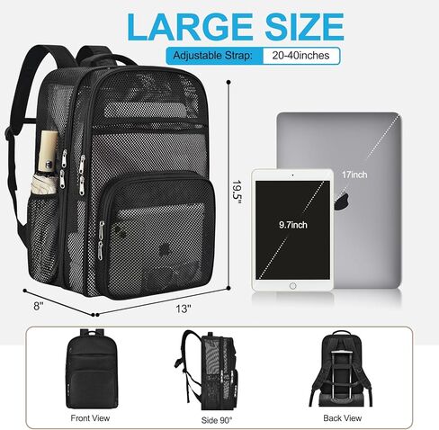 حقائب ظهر شبكية شديدة التحمل للمدرسة، حقيبة كتب شبكية سوداء كبيرة الحجم وخفيفة الوزن سعة 39 لتر للبالغين، حقيبة ظهر للشاطئ للسفر للعمل in Kuwait