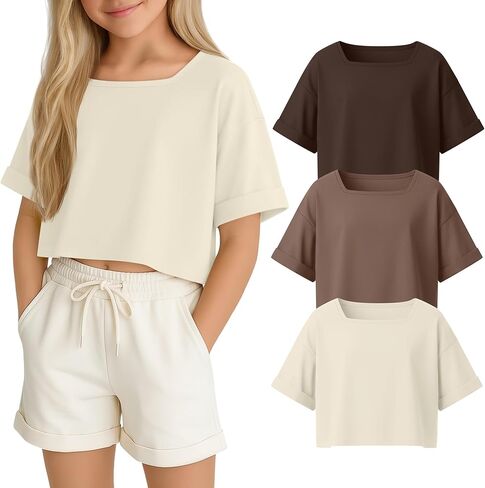 3 Pack Girls' Oversized Crop Tops Short Sleeve Square Neck T-Shirts Kids Rolled Sleeve Basic Drop Shoulder Tees in Kuwait