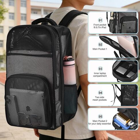 حقائب ظهر شبكية شديدة التحمل للمدرسة، حقيبة كتب شبكية سوداء كبيرة الحجم وخفيفة الوزن سعة 39 لتر للبالغين، حقيبة ظهر للشاطئ للسفر للعمل in Kuwait