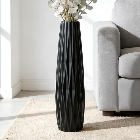 مزهرية أرضية طويلة من السيراميك الأسود - مزهرية كبيرة مزخرفة حديثة وبسيطة مقاس 15.7 بوصة لزاوية غرفة المعيشة أو المدخل أو ديكور المنزل المكتبي in Kuwait