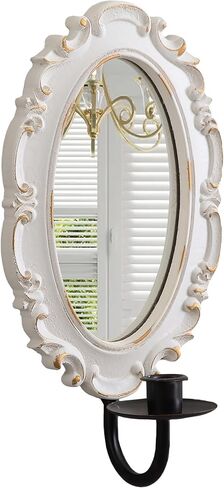 SOFE Ornate Oval Mirror Candle Holder for Wall, Vintage Baroque Taper Candle Wall Sconce, Distressed White with Gold Accents, Black Metal Sconce in Saudi Arabia