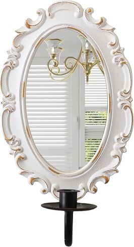 SOFE Ornate Oval Mirror Candle Holder for Wall, Vintage Baroque Taper Candle Wall Sconce, Distressed White with Gold Accents, Black Metal Sconce in Saudi Arabia