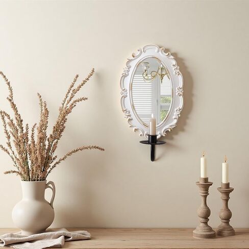 SOFE Ornate Oval Mirror Candle Holder for Wall, Vintage Baroque Taper Candle Wall Sconce, Distressed White with Gold Accents, Black Metal Sconce in Saudi Arabia