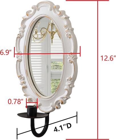 SOFE Ornate Oval Mirror Candle Holder for Wall, Vintage Baroque Taper Candle Wall Sconce, Distressed White with Gold Accents, Black Metal Sconce in Saudi Arabia