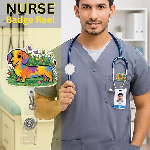 Dachshund Badge Reel Retractable ID Holder with Alligator Clip, Cute Dog Design for Nurse, Teacher, Medical Assistant & Office Staff in Kuwait