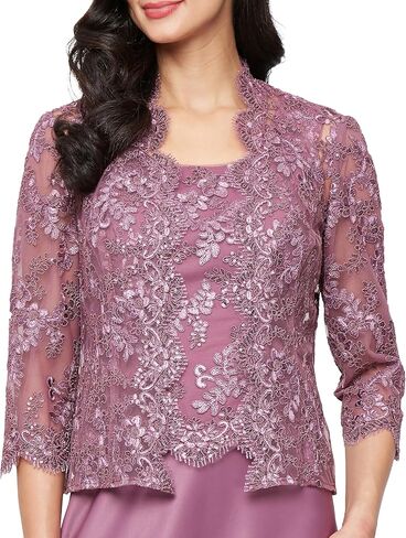 Petite Lace & Satin Gown with 3/4 Sleeve Scalloped Lace Jacket in Kuwait
