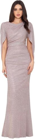 Betsy & Adam Women's Long Glitter Cape Sleeve Dress with Draped Neckline and Hidden Back Zipper in Saudi Arabia