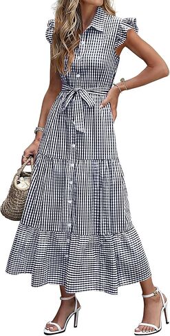 Caracilia Womens Summer Casual Ruffle Cap Sleeve Maxi Dress Button Down Striped Plaid Tie Waist Vacation Long Shirt Dresses in Kuwait