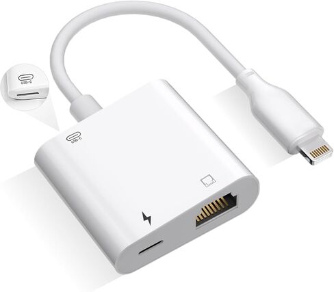 Lightning to Ethernet Adapter مع شحن ， [Apple MFI Certified] RJ45 إلى محول شبكة Ethernet LAN Lightning ، متوافق مع iPhone 14 13 12 11/iPad ， يدعم شبكة Ethernet عالية السرعة 100 ميجابت في الثانية in Kuwait