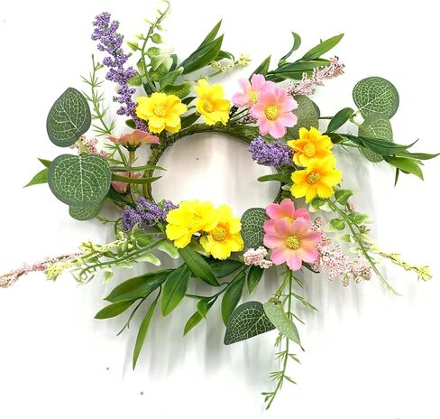 Set of 4 Spring Mini Daisy Flowers Candle Rings Wreaths 3 Inch Center Artificial Floral Eucalyptus 9" Small Wreath Greenery Garland for Pillars Easter Summer Wedding Holiday Party Home Tabletop Decor in Saudi Arabia