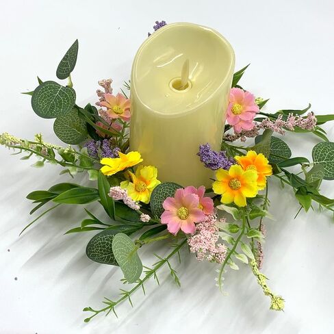 Set of 4 Spring Mini Daisy Flowers Candle Rings Wreaths 3 Inch Center Artificial Floral Eucalyptus 9" Small Wreath Greenery Garland for Pillars Easter Summer Wedding Holiday Party Home Tabletop Decor in Saudi Arabia