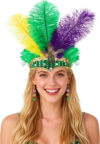 XEPST Mardi Feather Headband for Women - Mardi Accessories Carnival Headpieces Set with Feather Headdress Earrings for Halloween Costumes Cosplay Carnival Fancy Dress Up Party Decorations in Kuwait