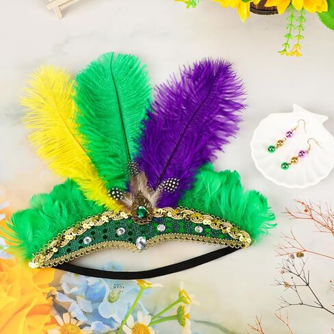 XEPST Mardi Feather Headband for Women - Mardi Accessories Carnival Headpieces Set with Feather Headdress Earrings for Halloween Costumes Cosplay Carnival Fancy Dress Up Party Decorations in Kuwait