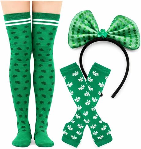 St. Patrick’s Day Accessories Set for Women & Men – Shamrock Arm Sleeves, Green Bow Headband & Knee High Socks, Clover Shamrock Costume Outfit for Irish Party Parade in Saudi Arabia