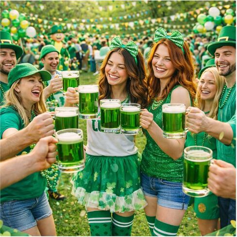 St. Patrick’s Day Accessories Set for Women & Men – Shamrock Arm Sleeves, Green Bow Headband & Knee High Socks, Clover Shamrock Costume Outfit for Irish Party Parade in Saudi Arabia