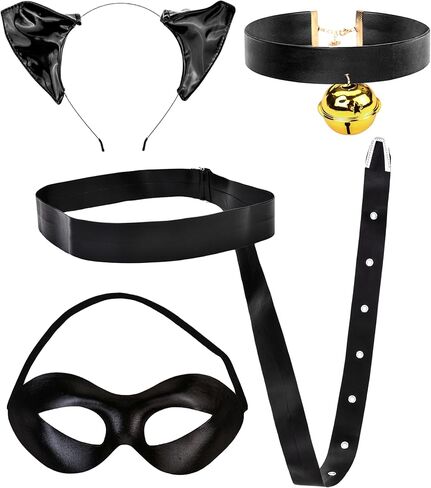 Black Cat Costume Accessories Set, Faux Eye Mask, Choker with Bell, Ear Headband, Tail, Halloween Cosplay Party Dress Up Kit in Kuwait